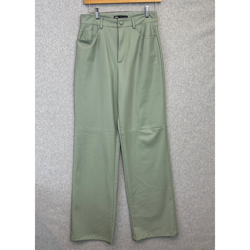 Zara Faux Leather Straight Leg Pants Sage Green High Waist Womens Size Small